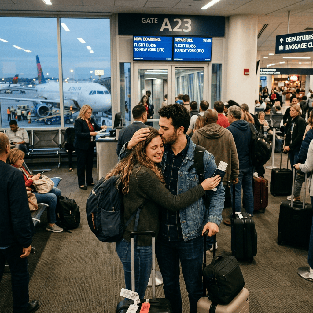 Couple embracing at airport Gate A23 before Delta flight to New York